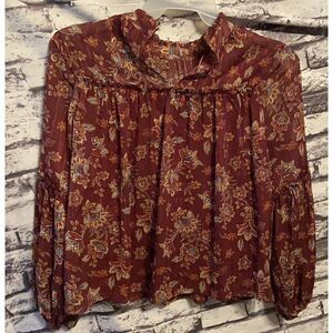 Francesca's Blue Rain Top Womens Small Floral Long Sleeve Blouse‎